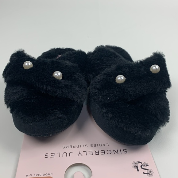 Sincerely Jules Black Fuzzy Pearl Slippers cross Open Toe Cushioned Medium NWT 8 - Picture 8 of 11
